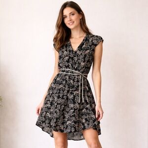 Maeve Anthropologie Black Elephant Print Faux Wrap Dress XXSP